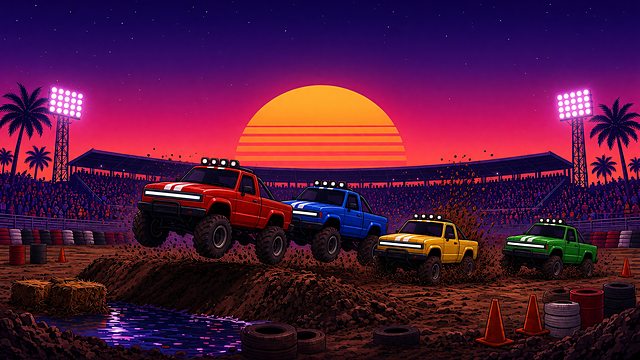Retro Offroad key art, wide: four pickup trucks jump a dirt ramp in a stadium at sunset