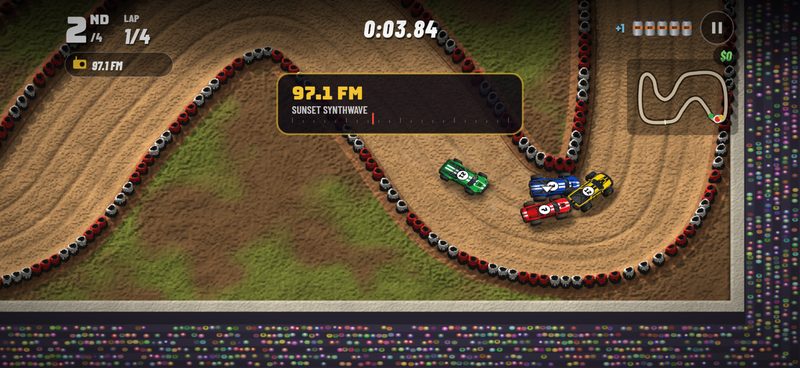 Mid-race, the radio banner reads 97.1 FM, Sunset Synthwave, as the four trucks bunch up in a corner